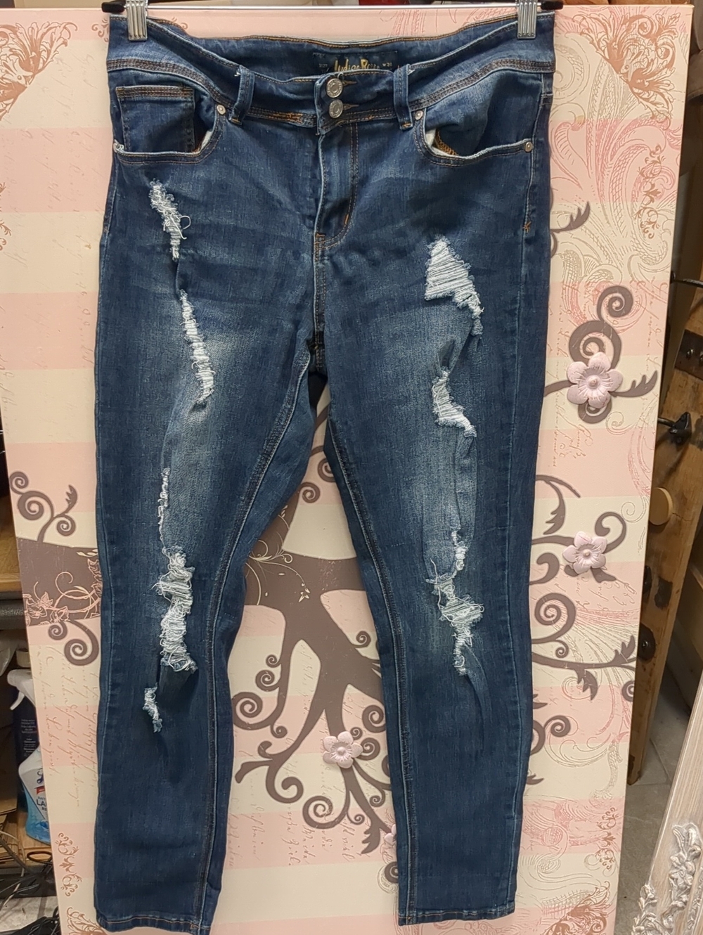 Indigo Rein Women's Distressed Dark Blue Skinny Jeans